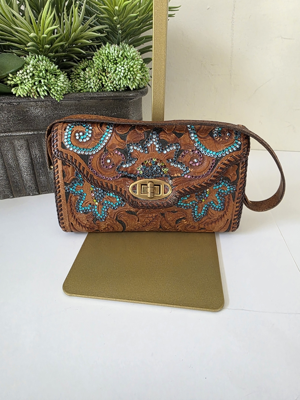 Vintage Roth & Madge Swarovski Crystal Tooled Leather Mini Bag Wristlet - Picture 4 of 17